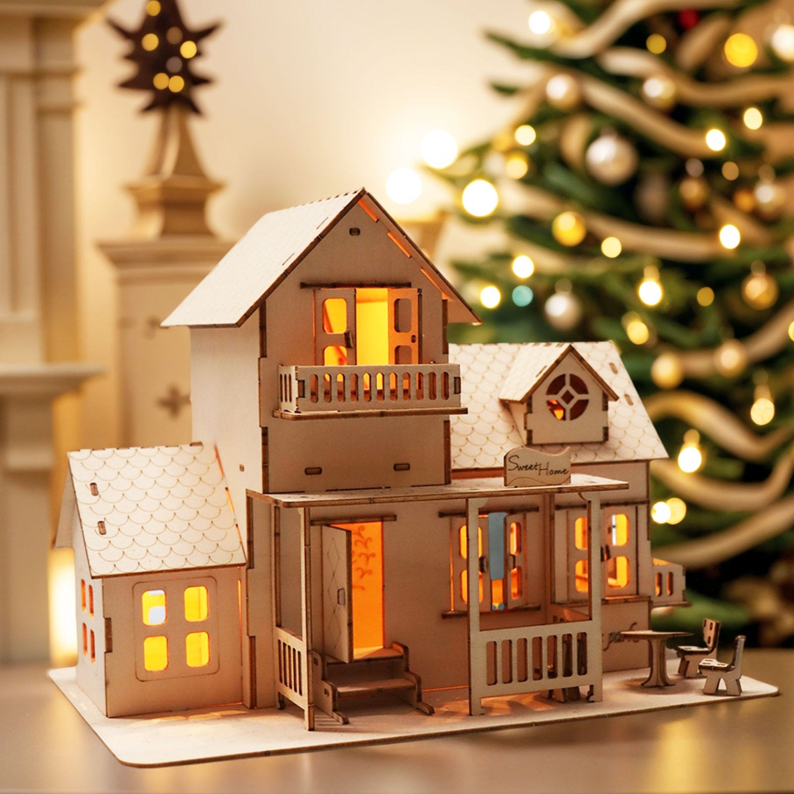 MUSIC PARK 3D Wooden Puzzle Sweet Home Music Box Hands Craft Miniature Dollhouse Kits 3D Model Diy House Building With LED Night Lights