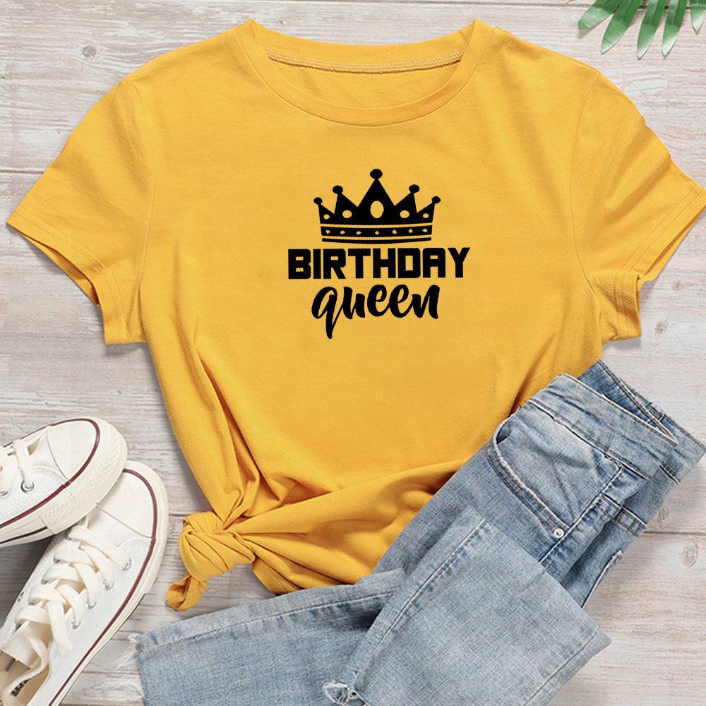 Women and Teen Birthday Queen Letter Print Short Sleeve T Shirt Cotton Causal Graphic Tee