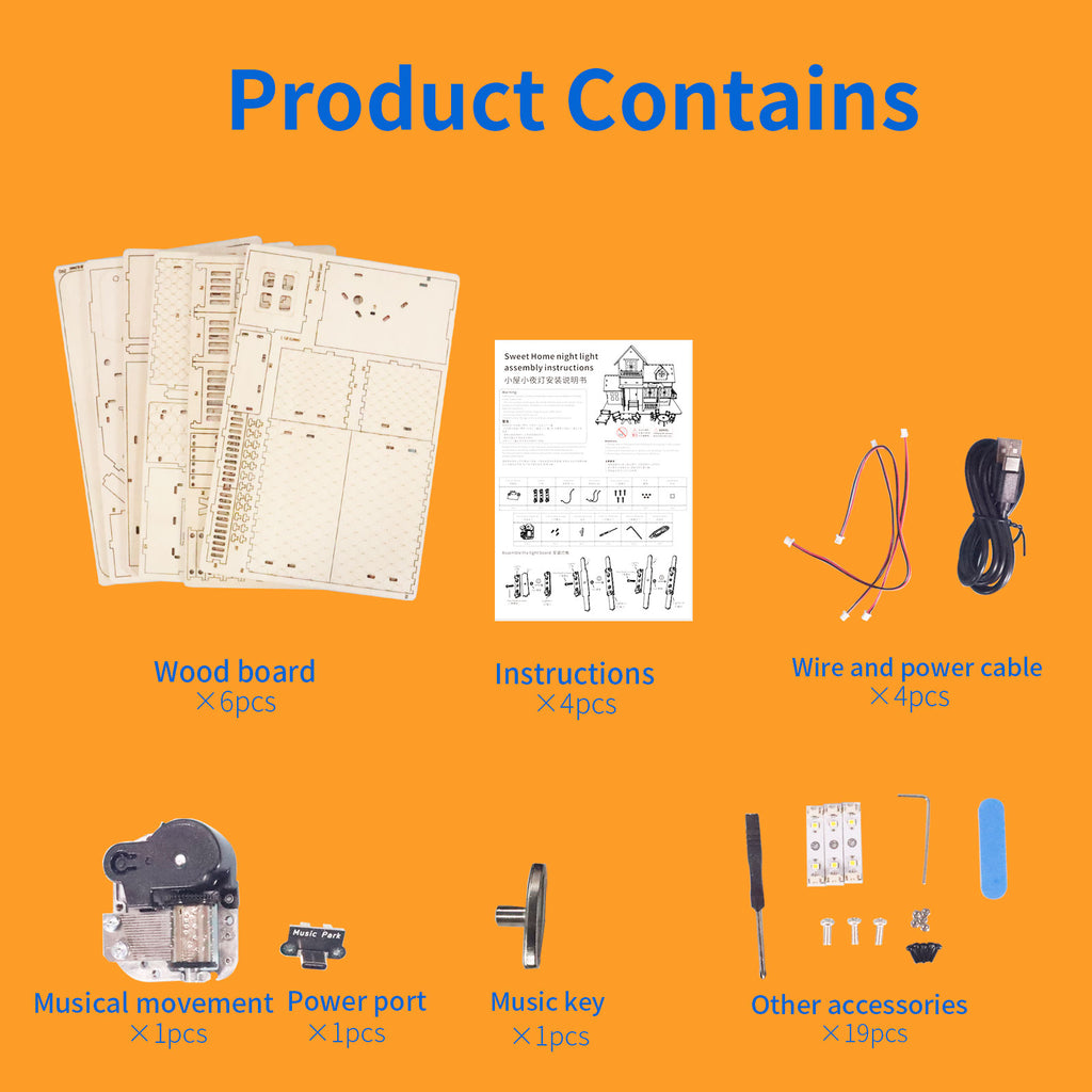 MUSIC PARK 3D Wooden Puzzle Sweet Home Music Box Hands Craft Miniature Dollhouse Kits 3D Model Diy House Building With LED Night Lights