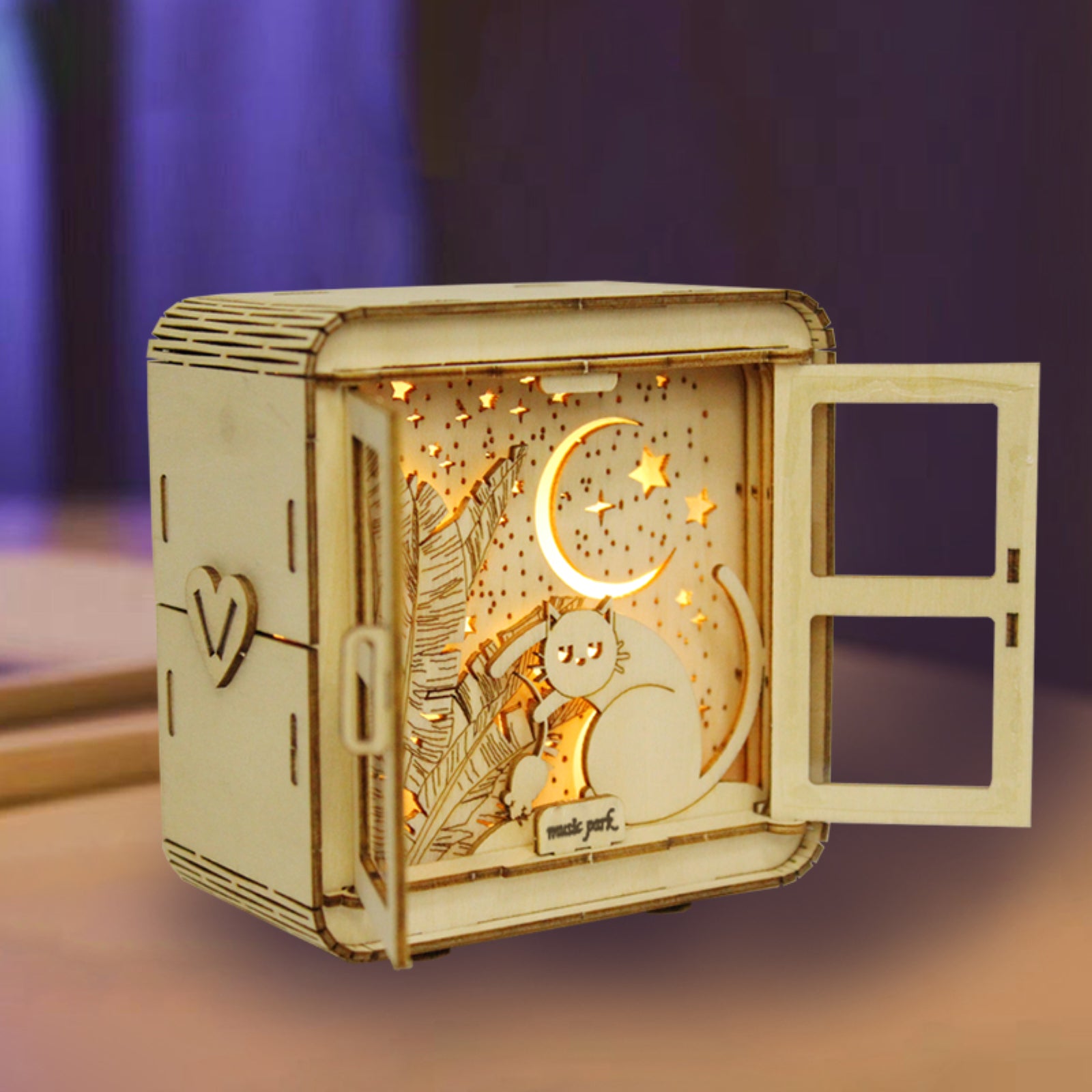 MUSIC PARK 3D Wooden Puzzles Cat Model Kit Night Lights Desk Decorations