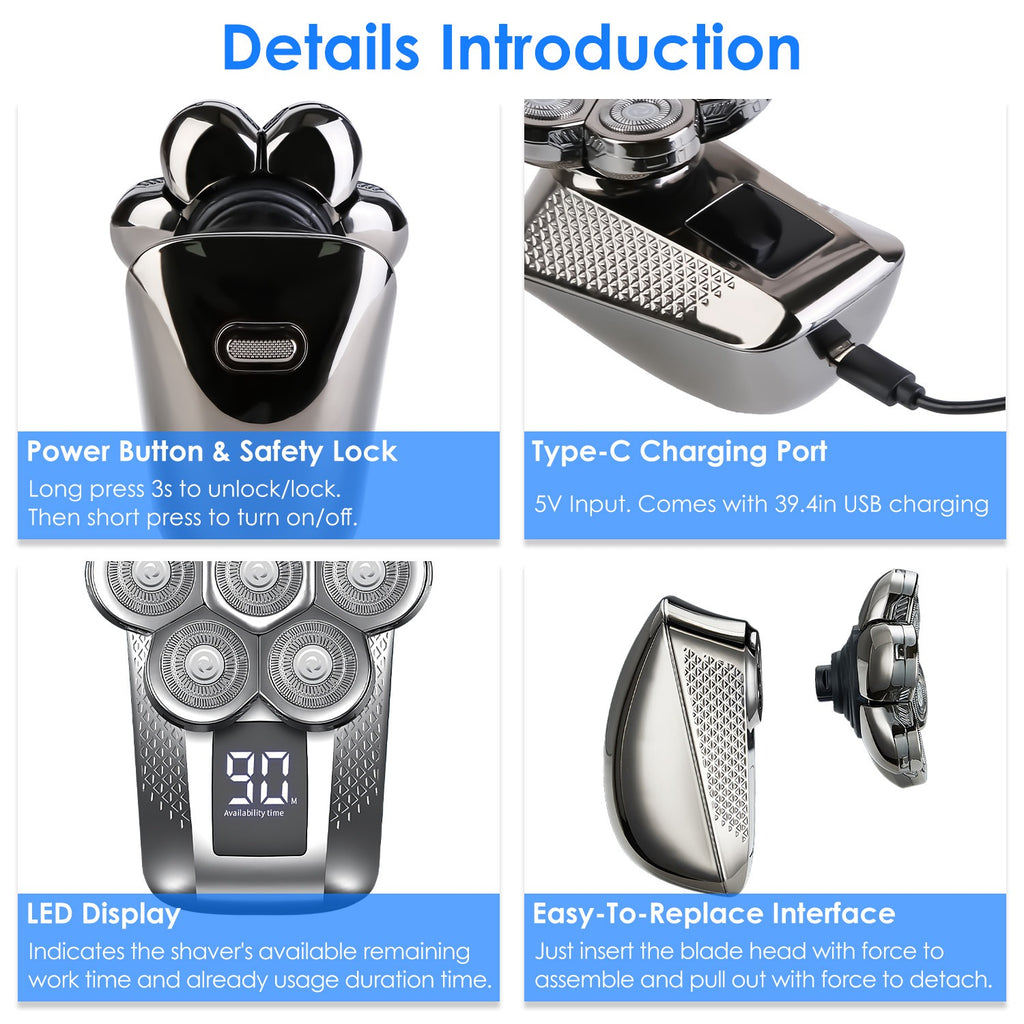 1Pc Head Shavers / Beard Trimmer 5 In 1 7D Electric Rotary Razor Rechargeable