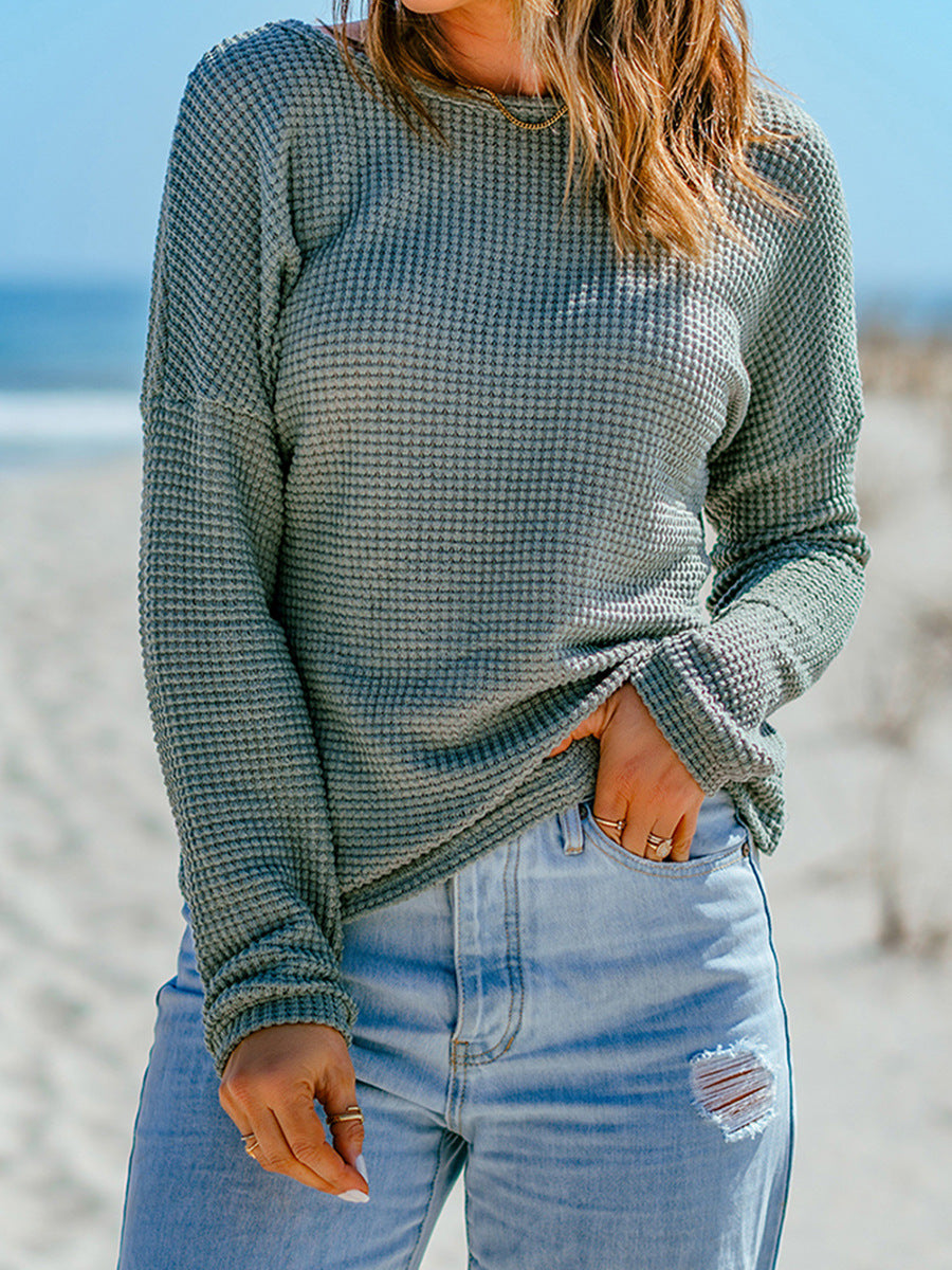 Women's Waffle Knit Drop / Long-sleeved Top Casual All-match T-shirt