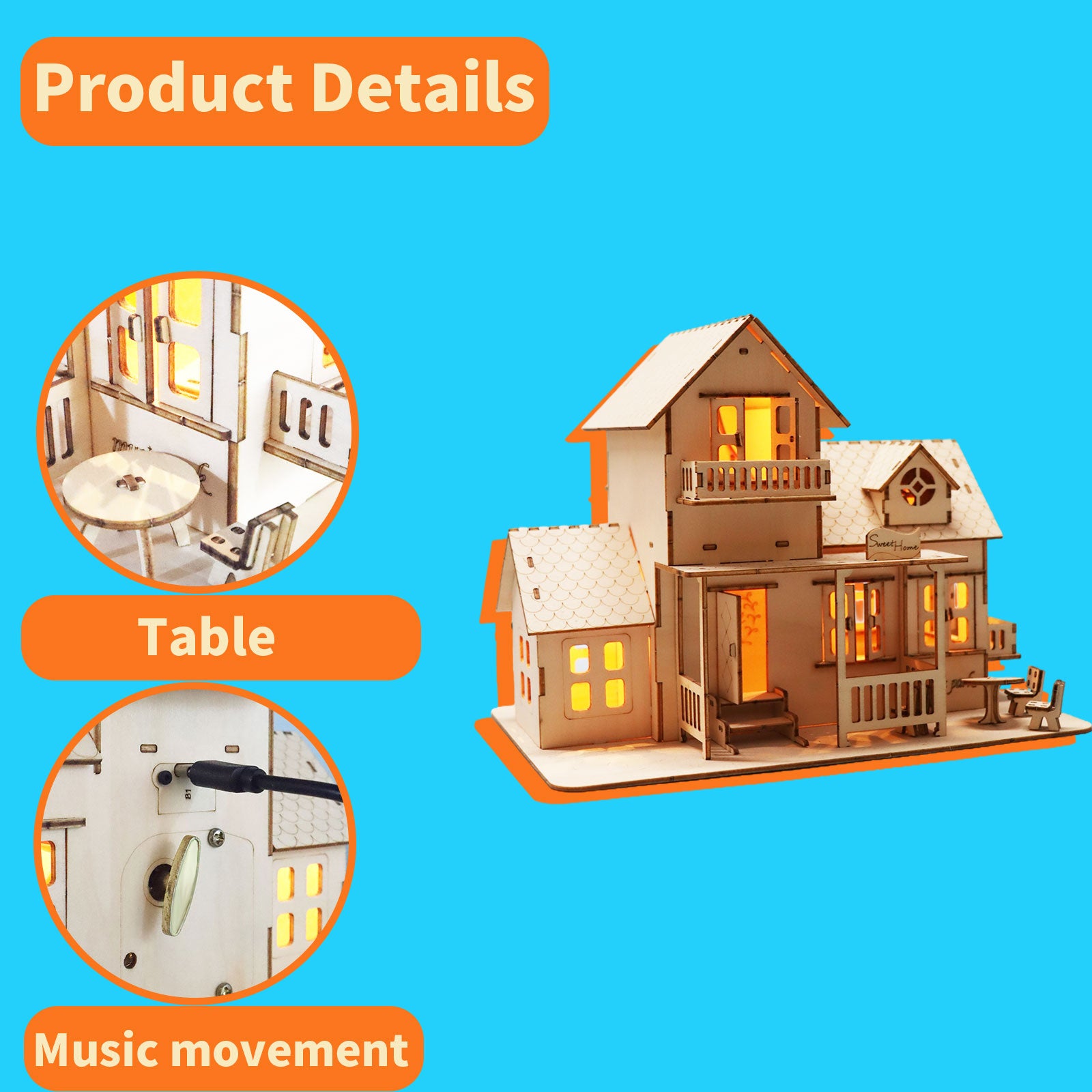 MUSIC PARK 3D Wooden Puzzle Sweet Home Music Box Hands Craft Miniature Dollhouse Kits 3D Model Diy House Building With LED Night Lights