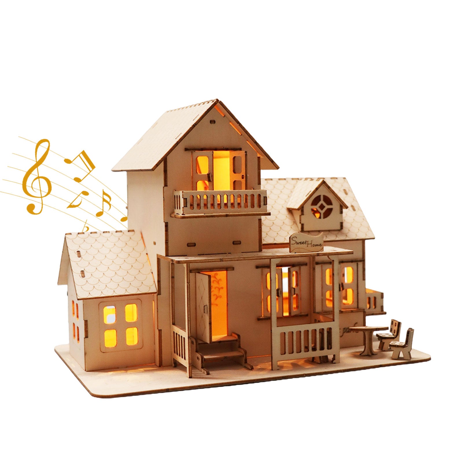 MUSIC PARK 3D Wooden Puzzle Sweet Home Music Box Hands Craft Miniature Dollhouse Kits 3D Model Diy House Building With LED Night Lights
