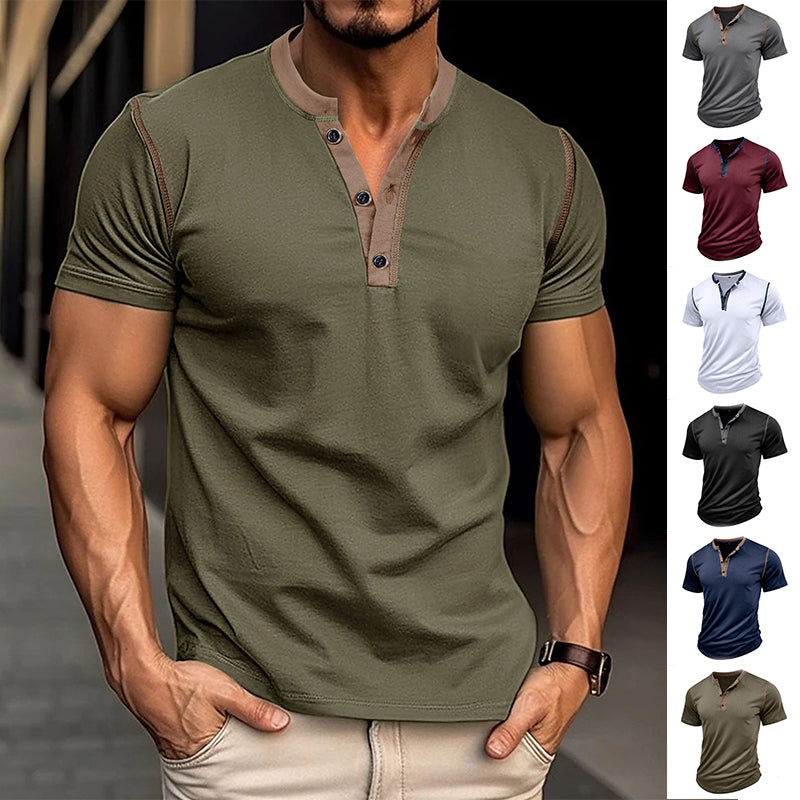 Men's V-Neck Polo Shirt - Short Sleeve Button Summer Top