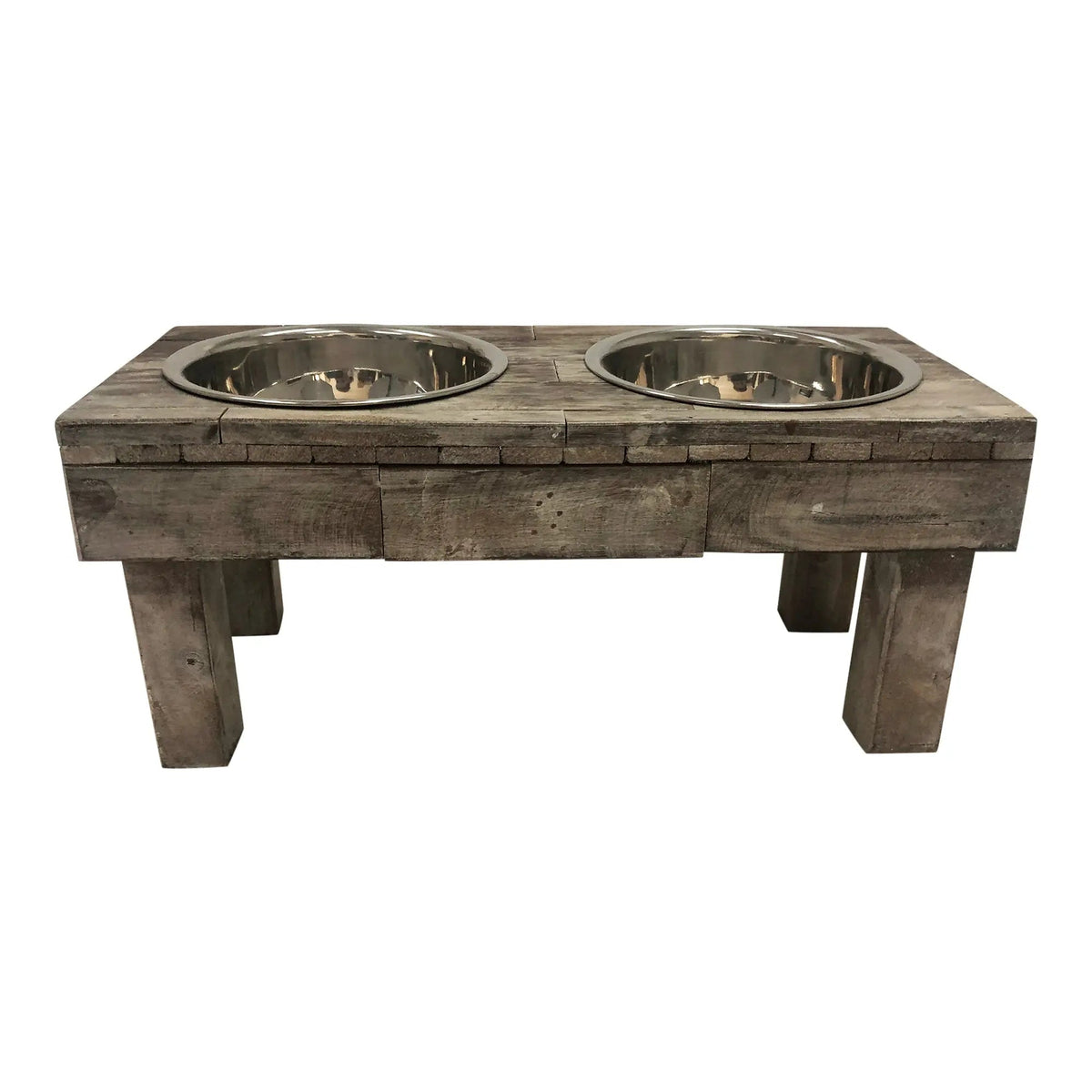 Huntley Pet Berjen Table Elevated Double Bowl Pet Feeder, Brown Wash