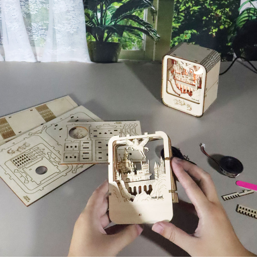 MUSIC PARK Music Park 3D Wooden Puzzles Castle Music Box Night Light DIY Crafts Model Kits Birthday And Christmas Gifts