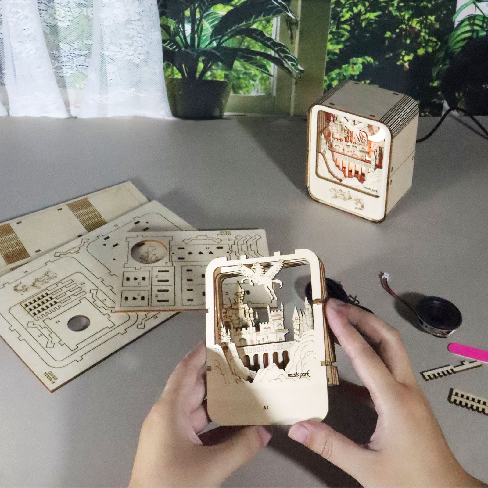 MUSIC PARK Music Park 3D Wooden Puzzles Castle Music Box Night Light DIY Crafts Model Kits Birthday And Christmas Gifts