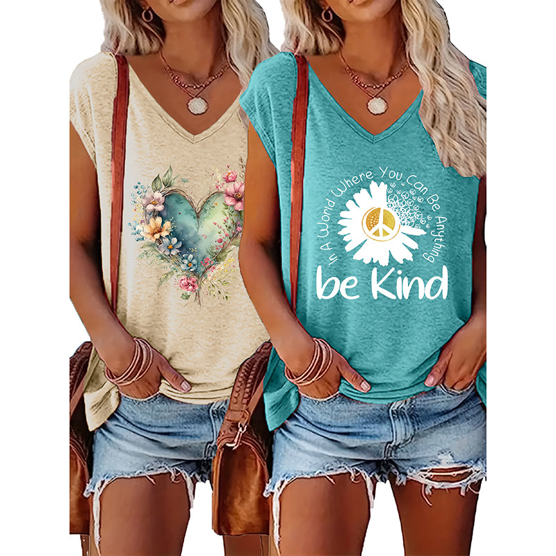 2-Pack Women's Floral T-Shirts Be Kind Wildflowers Graphic Print