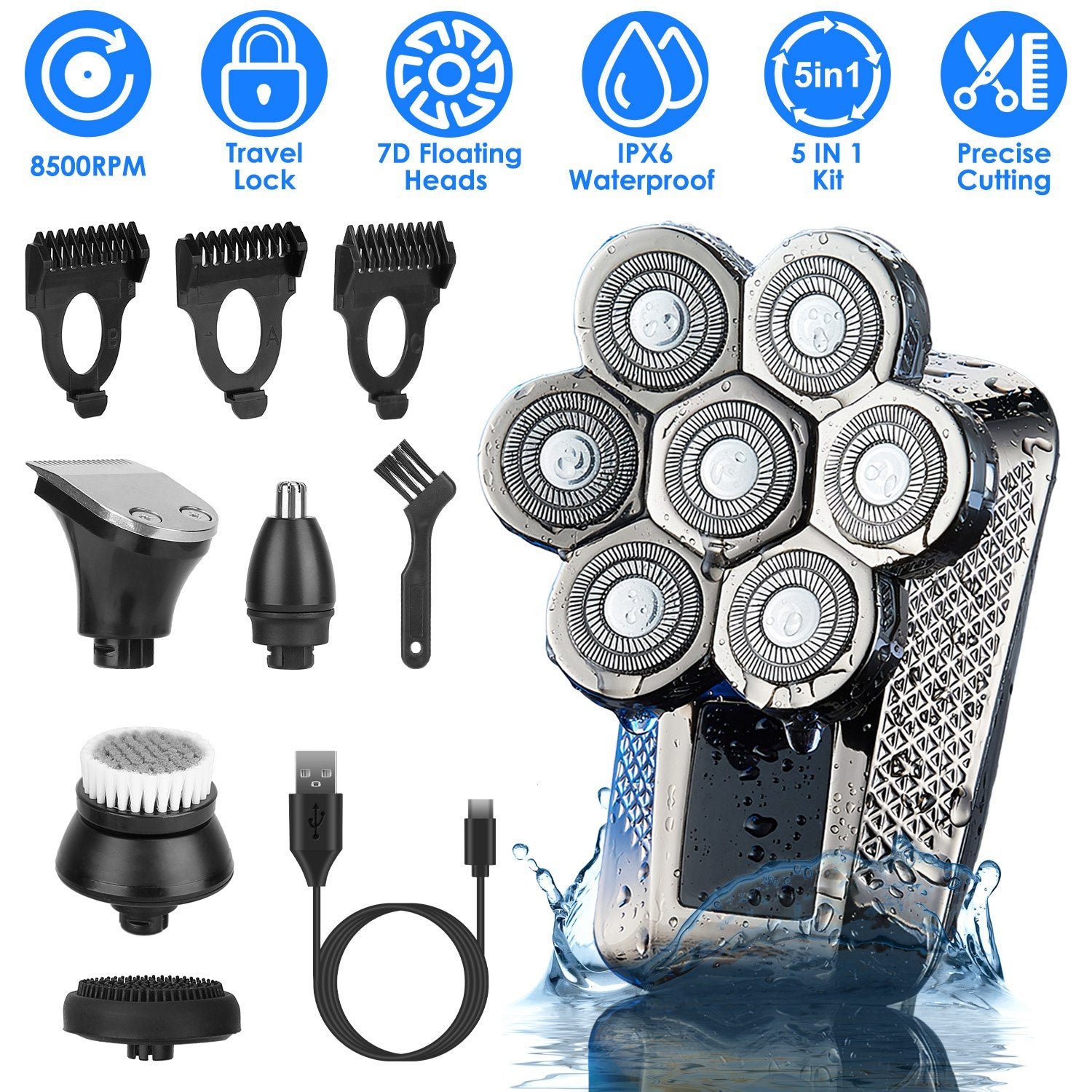 1Pc Head Shavers / Beard Trimmer 5 In 1 7D Electric Rotary Razor Rechargeable