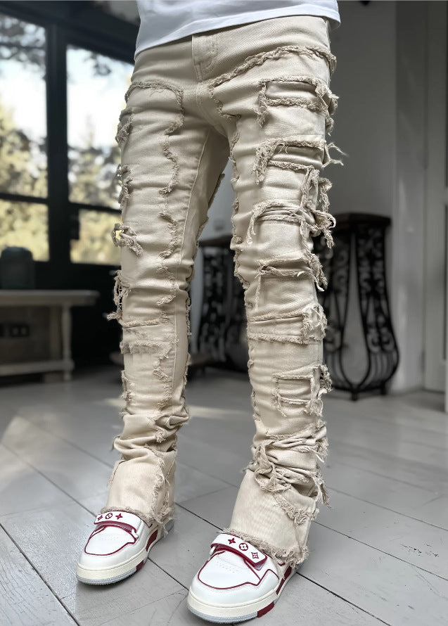Men's Stacked Jeans - Ripped Patched Tight Fit Denim Pants