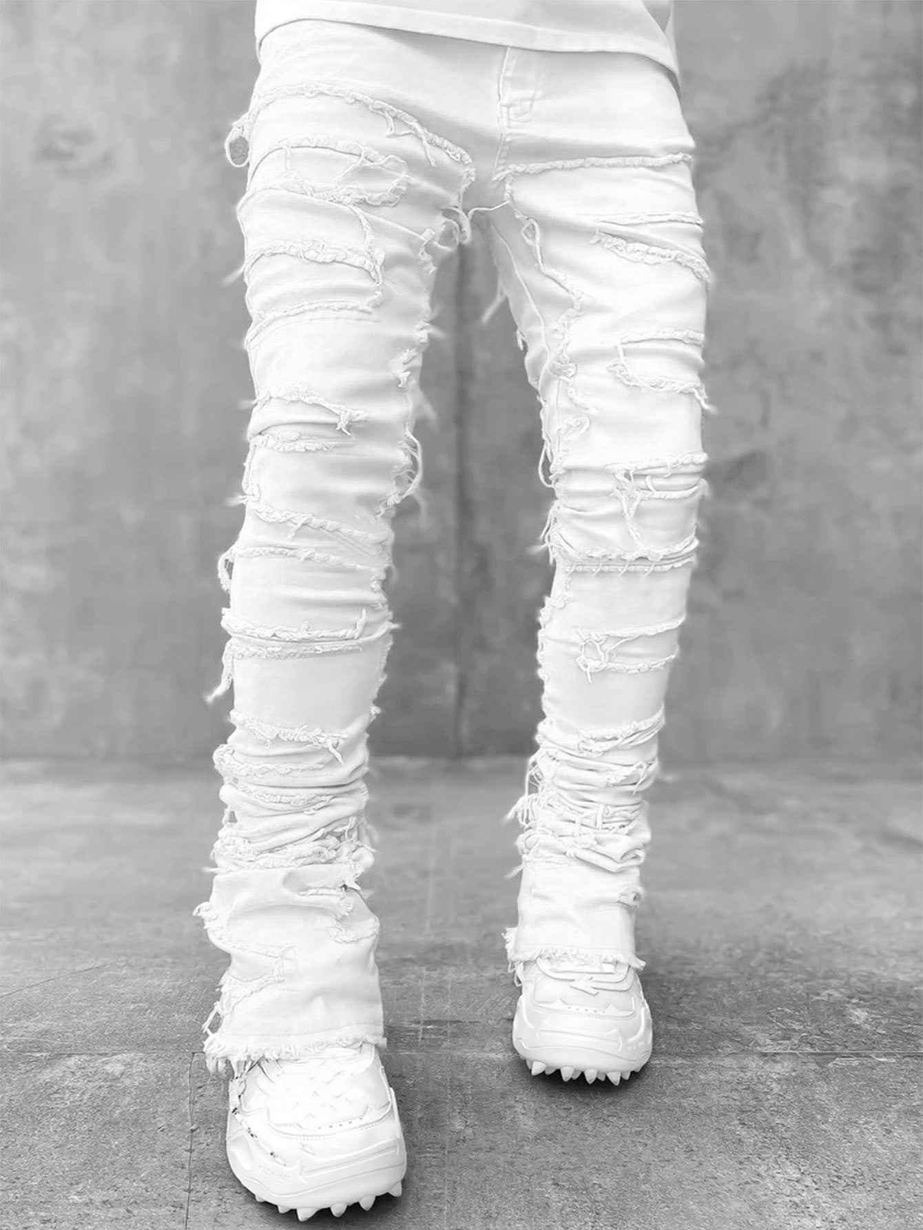 Men's Stacked Jeans - Ripped Patched Tight Fit Denim Pants