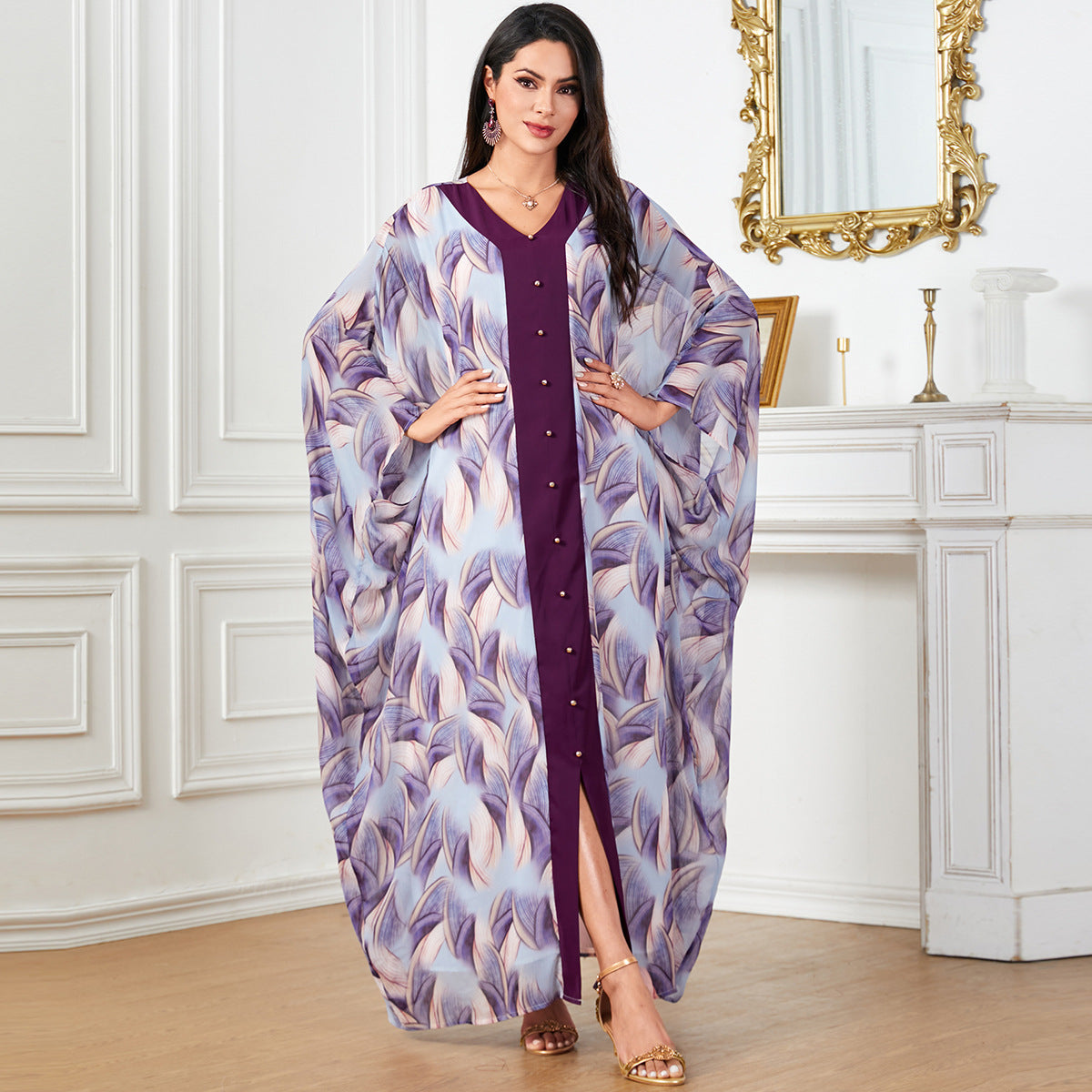 Women's Arabic Print Long Sleeve Kaftan Dress