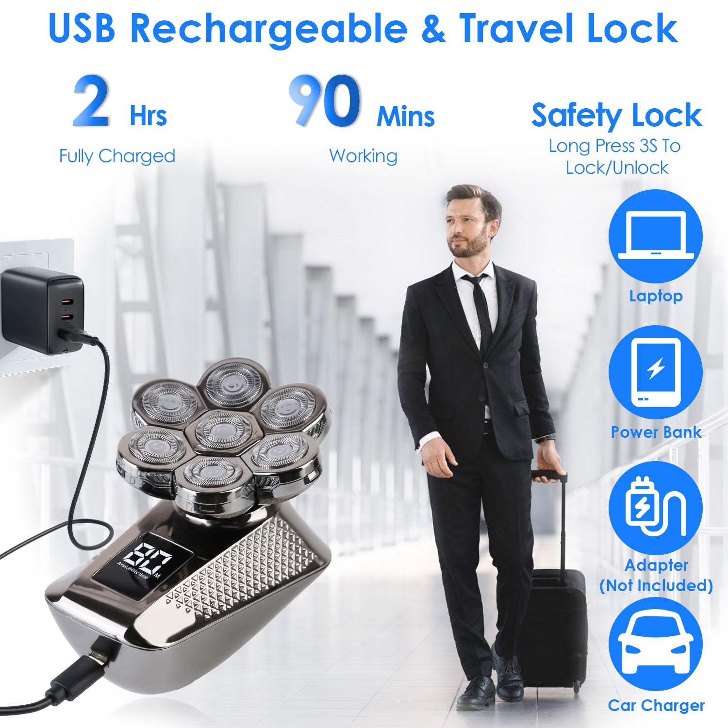 1Pc Head Shavers / Beard Trimmer 5 In 1 7D Electric Rotary Razor Rechargeable