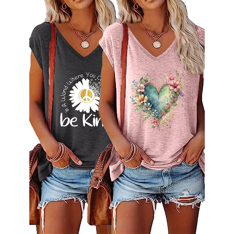 2-Pack Women's Floral T-Shirts Be Kind Wildflowers Graphic Print
