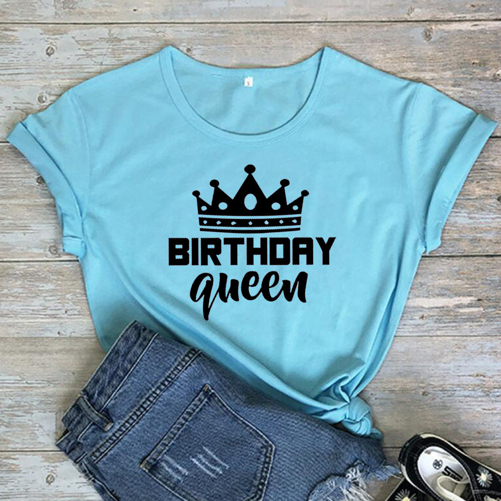 Women and Teen Birthday Queen Letter Print Short Sleeve T Shirt Cotton Causal Graphic Tee