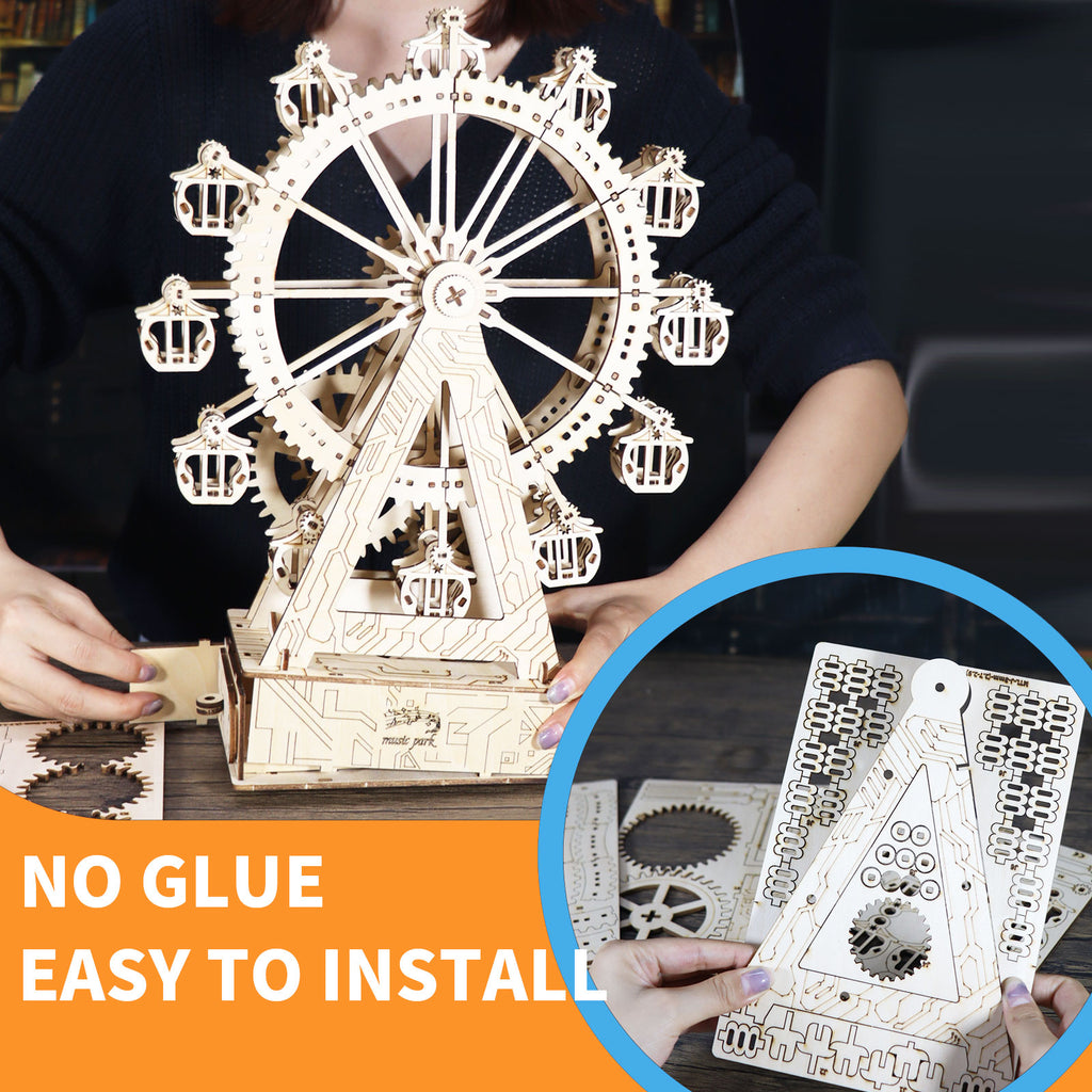 -MUSIC PARK 3d Wooden Puzzle Gear Ferris Wheel Music Box You Are My Sunshine Handmade Assembly Model Kit