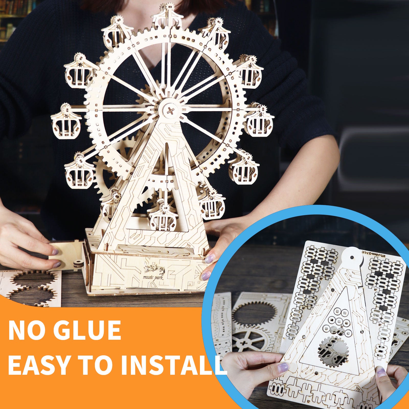-MUSIC PARK 3d Wooden Puzzle Gear Ferris Wheel Music Box You Are My Sunshine Handmade Assembly Model Kit