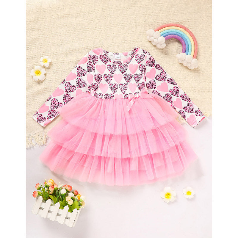 Toddler Girls Outfits Long Sleeve Graphic Heart Print Mesh Tulle Dress