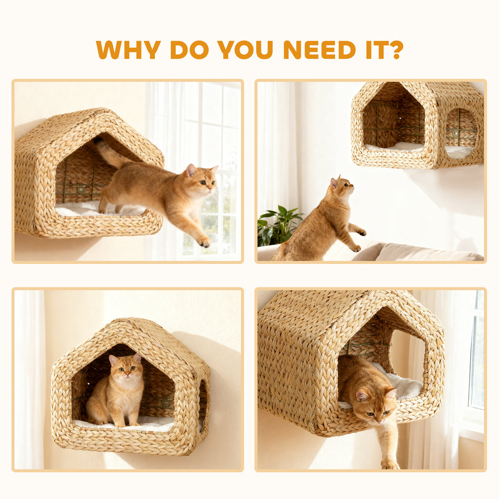 Wall Mounted Cat House, Cat Wall Furniture, Cat Wall Shelf with Washable Cushion, Natural