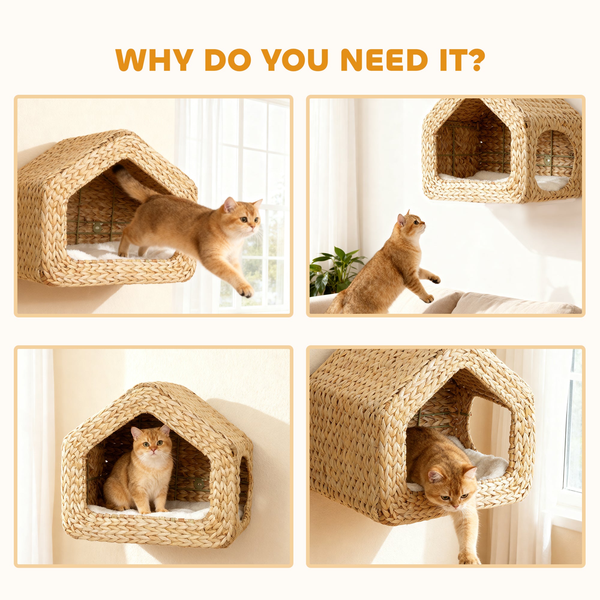 Wall Mounted Cat House, Cat Wall Furniture, Cat Wall Shelf with Washable Cushion, Natural