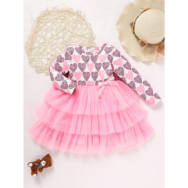 Toddler Girls Outfits Long Sleeve Graphic Heart Print Mesh Tulle Dress