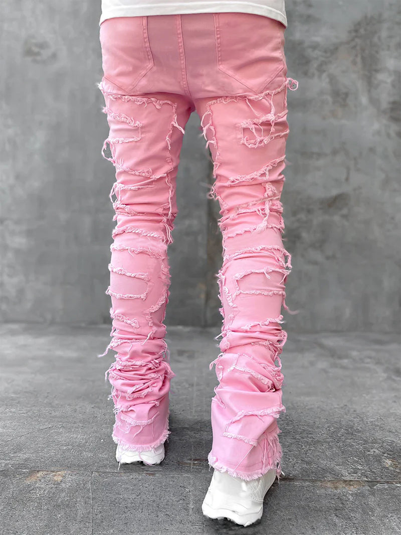 Men's Stacked Jeans - Ripped Patched Tight Fit Denim Pants