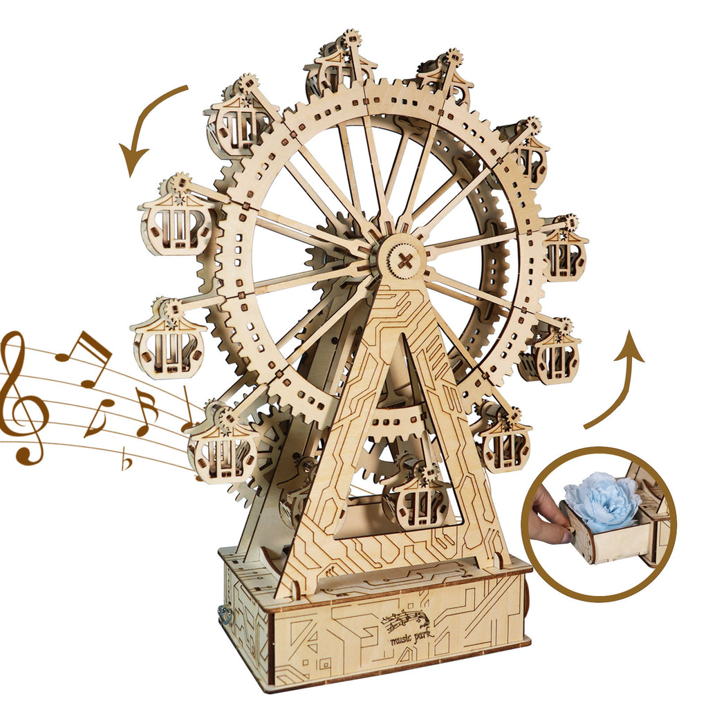-MUSIC PARK 3d Wooden Puzzle Gear Ferris Wheel Music Box You Are My Sunshine Handmade Assembly Model Kit