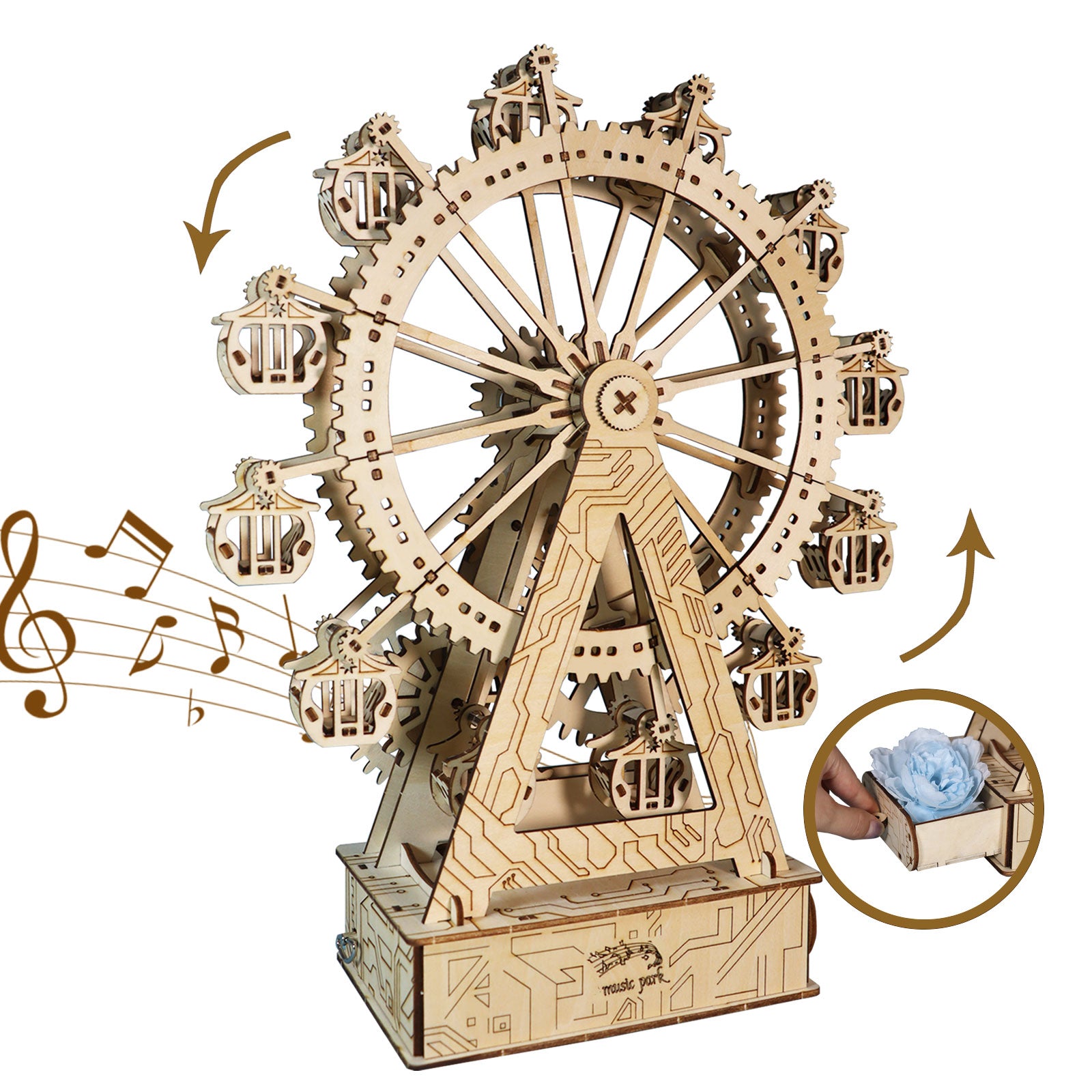 -MUSIC PARK 3d Wooden Puzzle Gear Ferris Wheel Music Box You Are My Sunshine Handmade Assembly Model Kit
