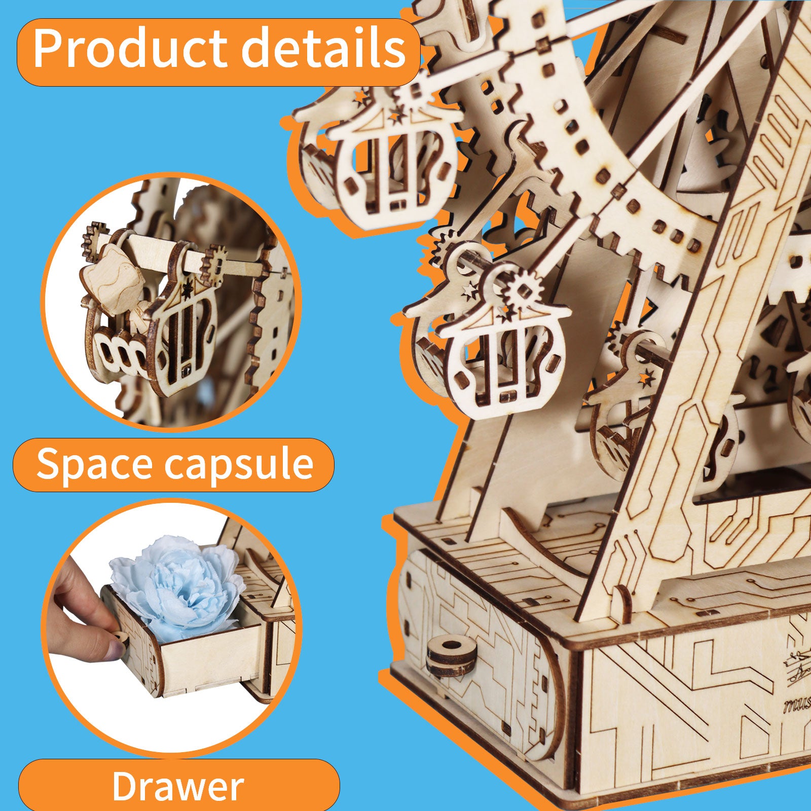 -MUSIC PARK 3d Wooden Puzzle Gear Ferris Wheel Music Box You Are My Sunshine Handmade Assembly Model Kit