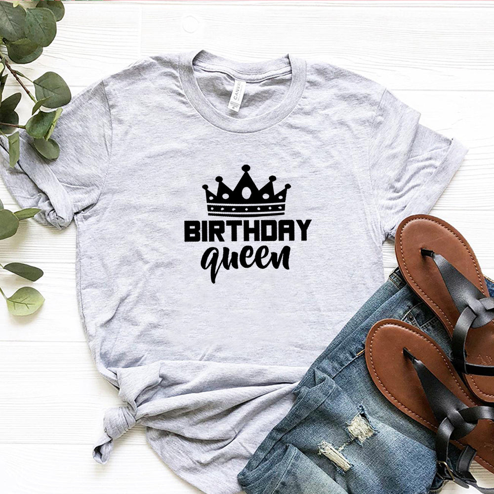 Women and Teen Birthday Queen Letter Print Short Sleeve T Shirt Cotton Causal Graphic Tee