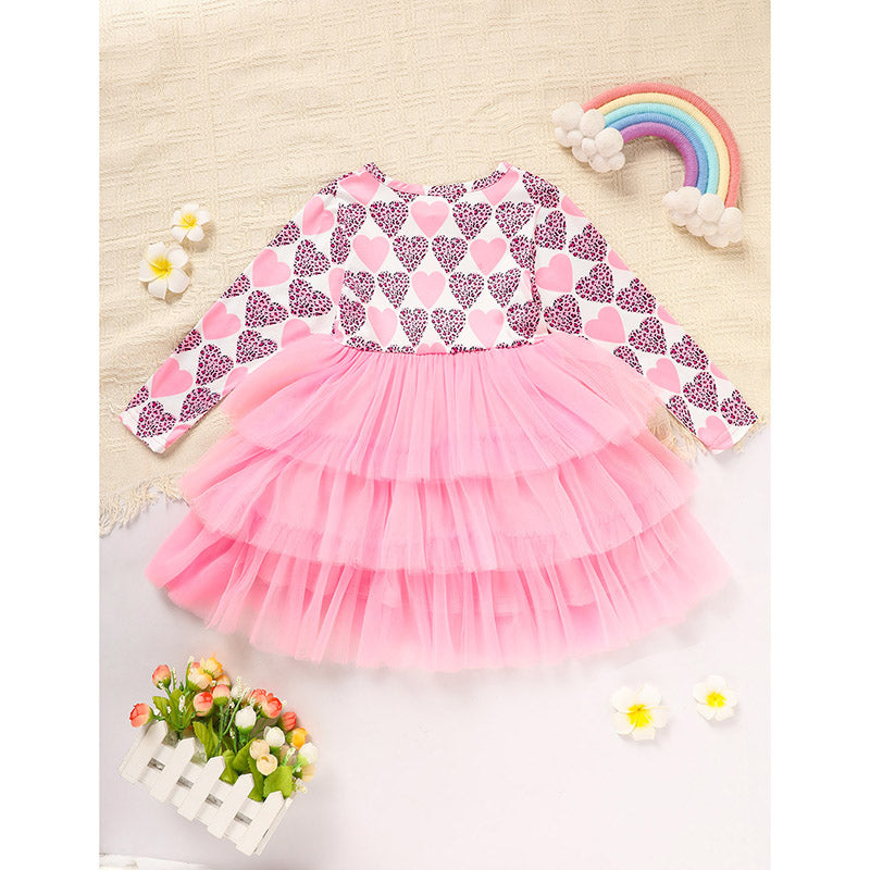Toddler Girls Outfits Long Sleeve Graphic Heart Print Mesh Tulle Dress