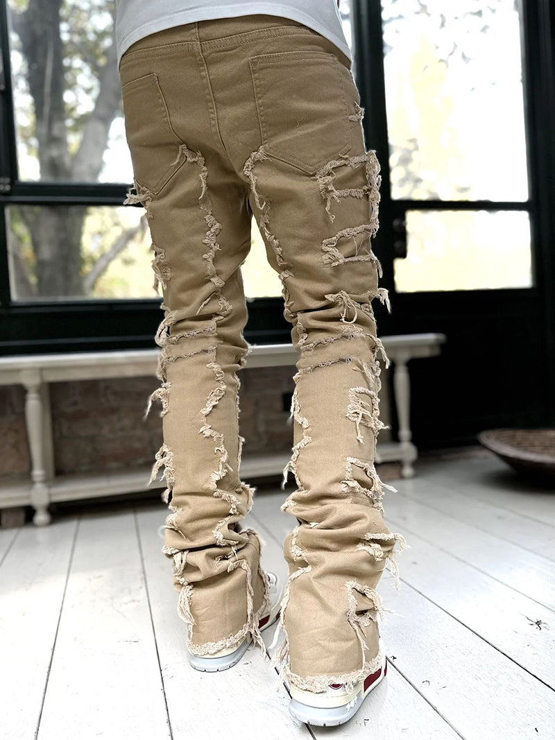 Men's Stacked Jeans - Ripped Patched Tight Fit Denim Pants