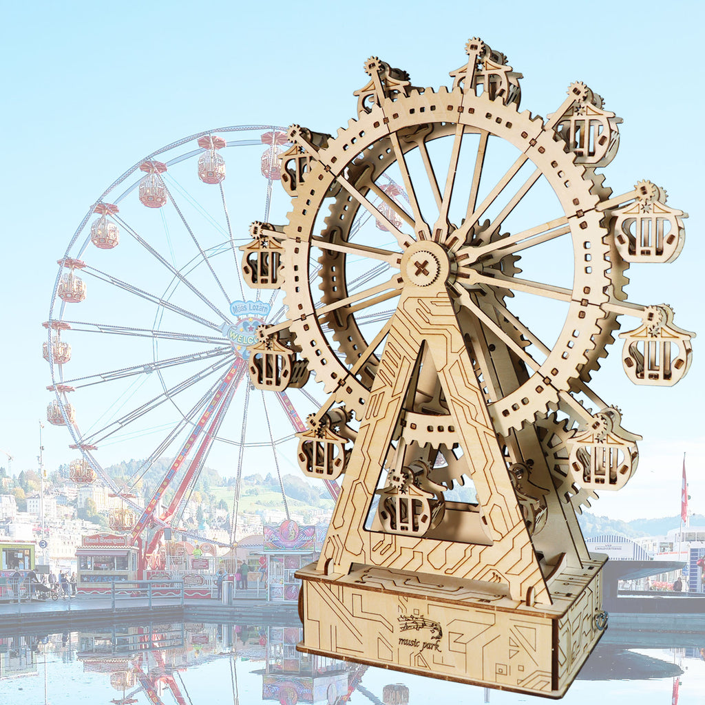 -MUSIC PARK 3d Wooden Puzzle Gear Ferris Wheel Music Box You Are My Sunshine Handmade Assembly Model Kit