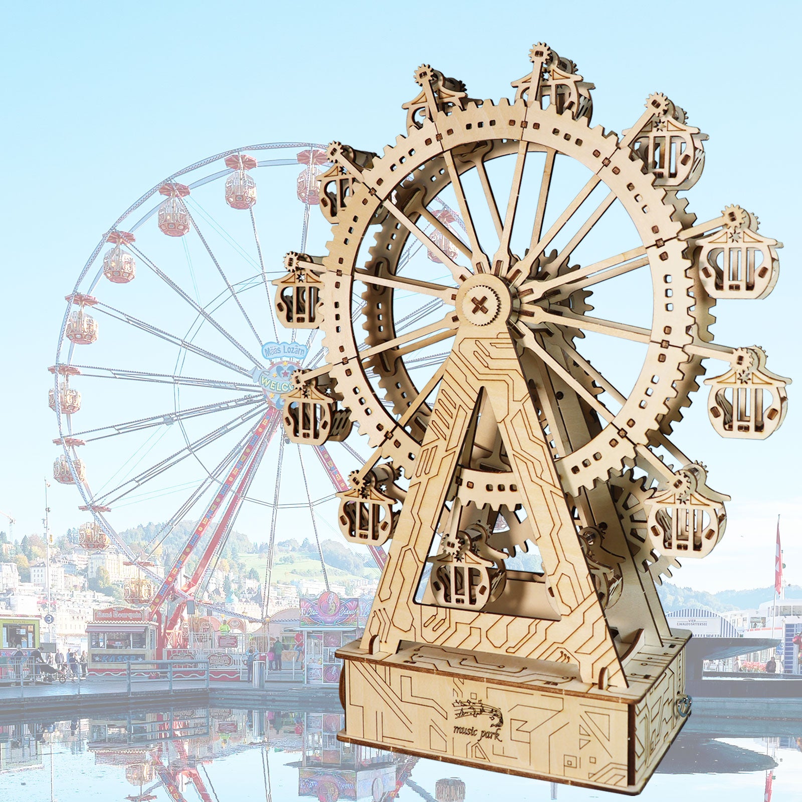 -MUSIC PARK 3d Wooden Puzzle Gear Ferris Wheel Music Box You Are My Sunshine Handmade Assembly Model Kit