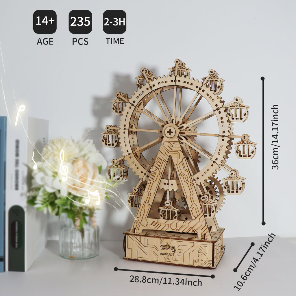 -MUSIC PARK 3d Wooden Puzzle Gear Ferris Wheel Music Box You Are My Sunshine Handmade Assembly Model Kit