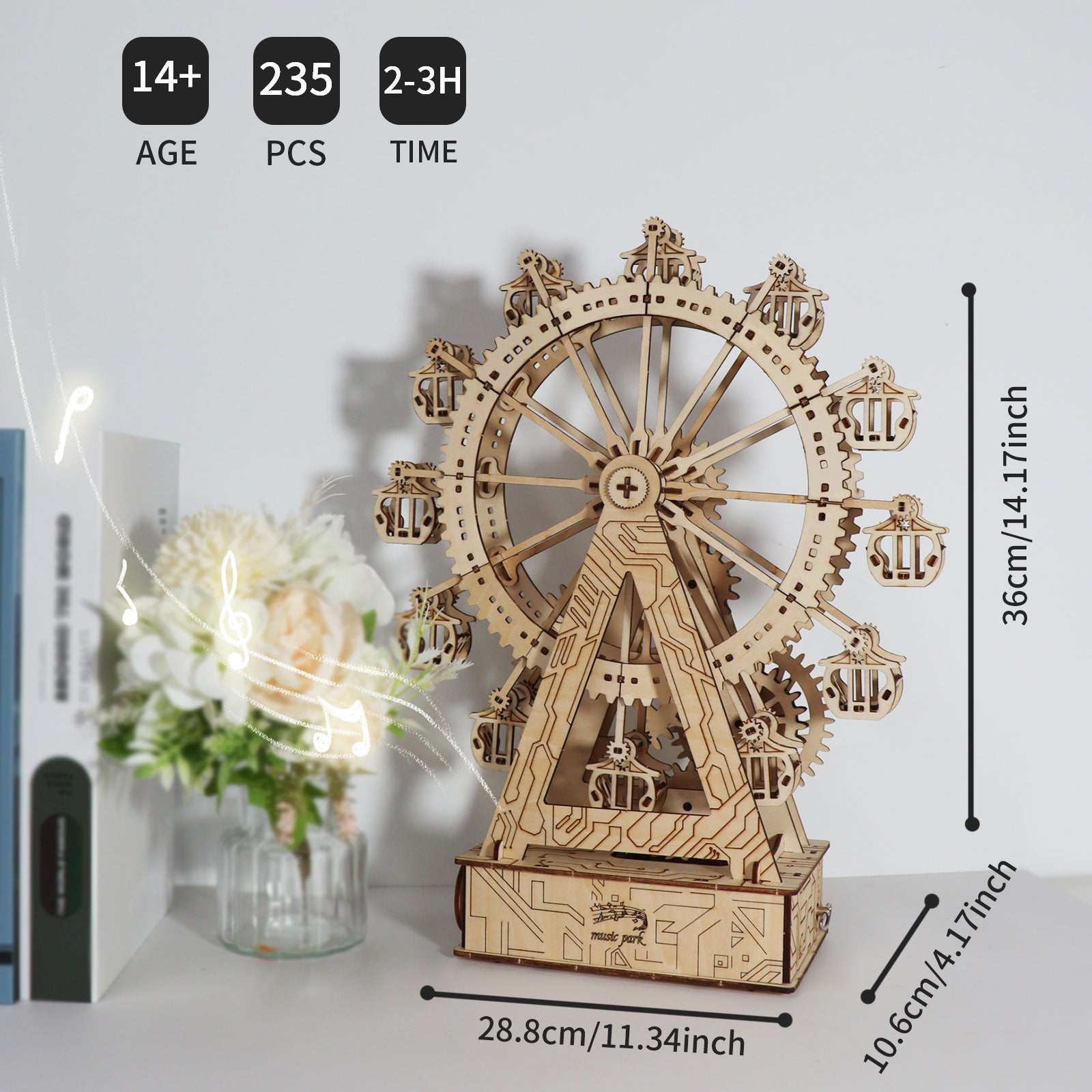 -MUSIC PARK 3d Wooden Puzzle Gear Ferris Wheel Music Box You Are My Sunshine Handmade Assembly Model Kit
